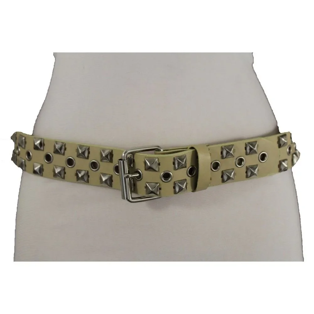 New Women Men Fashion Belt Beige Faux Leather Silver Metal Studs Size S M L XL - Picture 14 of 17
